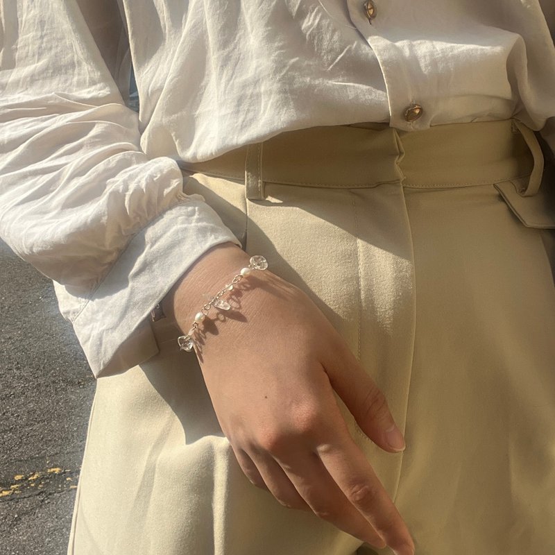 若水_纯银 手工 手链 天然石 白水晶 月光石 淡水珍珠 - 手链/手环 - 纯银 银色