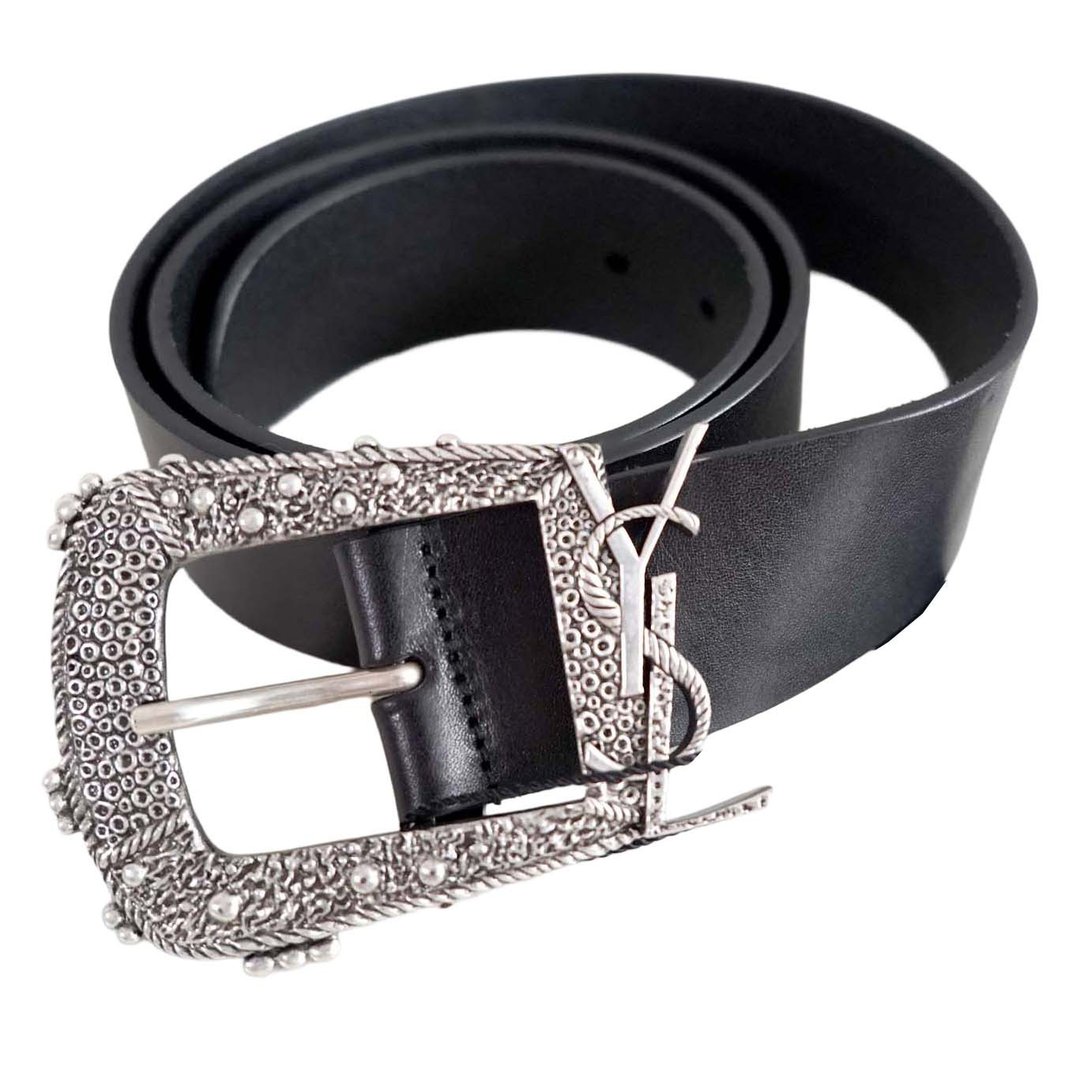 SAINT LAURENT Ceinture en Cuir Noir avec Logo YSL et Boucle - 皮带/腰带 - 真皮 黑色