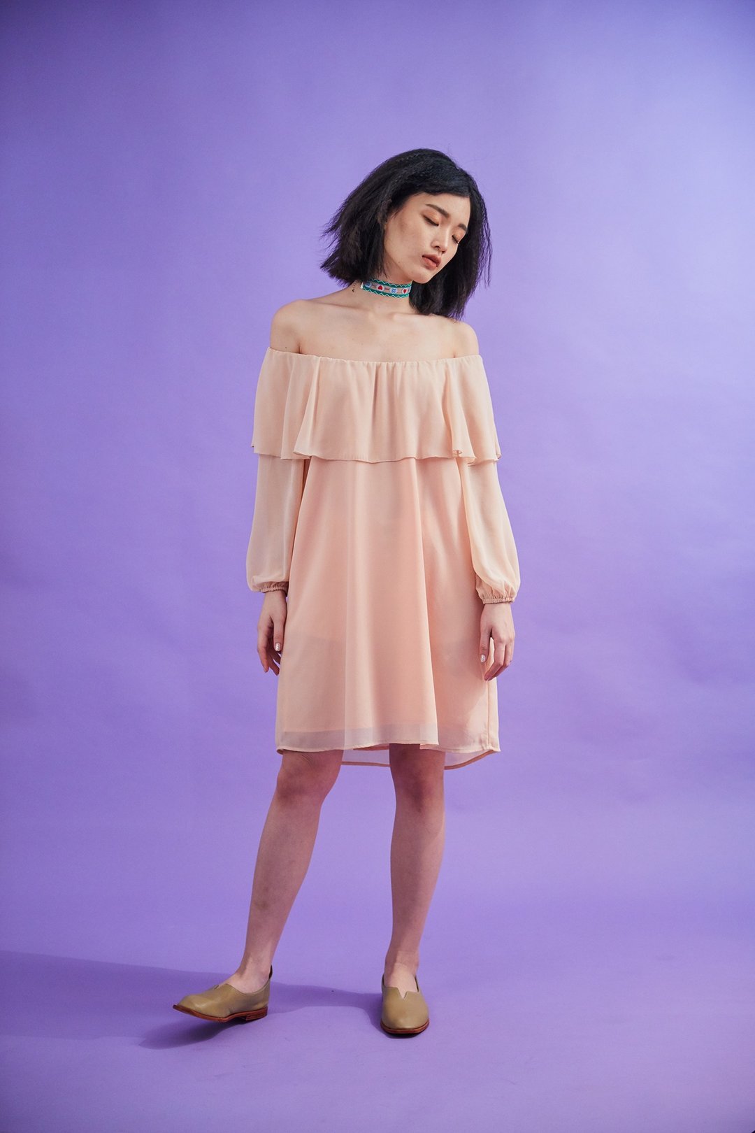 Open flare shoulder dress (beige) - 洋装/连衣裙 - 棉 橘色