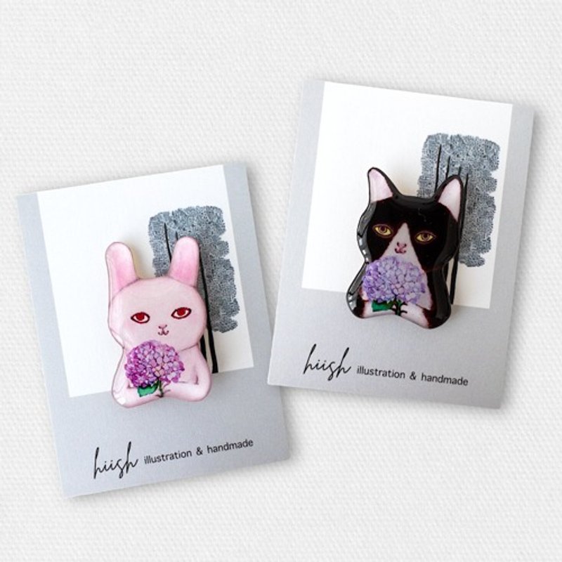 绣球花猫兔胸针（2种） - 胸针 - 树脂 