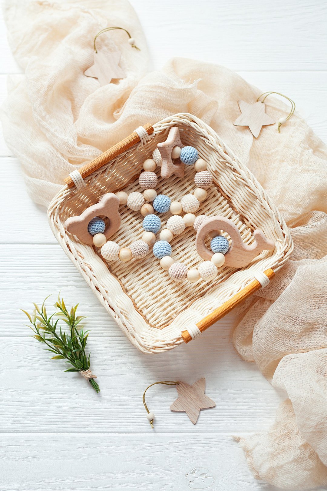 Blue Beige Baby Rattle Teether with Wooden Star Whale Bear - Teething Ring Toy - 满月礼盒 - 木头 蓝色