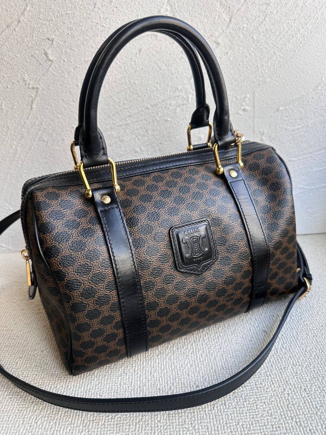 中古包 Vintage Celine 黑花波士顿包小号 - 手提包/手提袋 - 防水材质 黑色