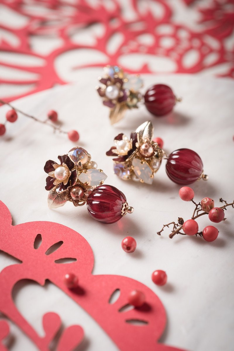 果实知秋-定制化 年节 红 垂吊/耳针/耳夹 - 耳环/耳夹 - 珐琅 