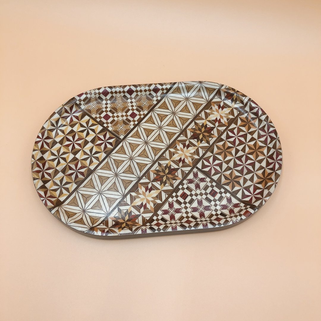 【箱根寄木细工】日本工艺品 椭圆形托盘 防滑托盘 - 托盘/砧板 - 木头 咖啡色