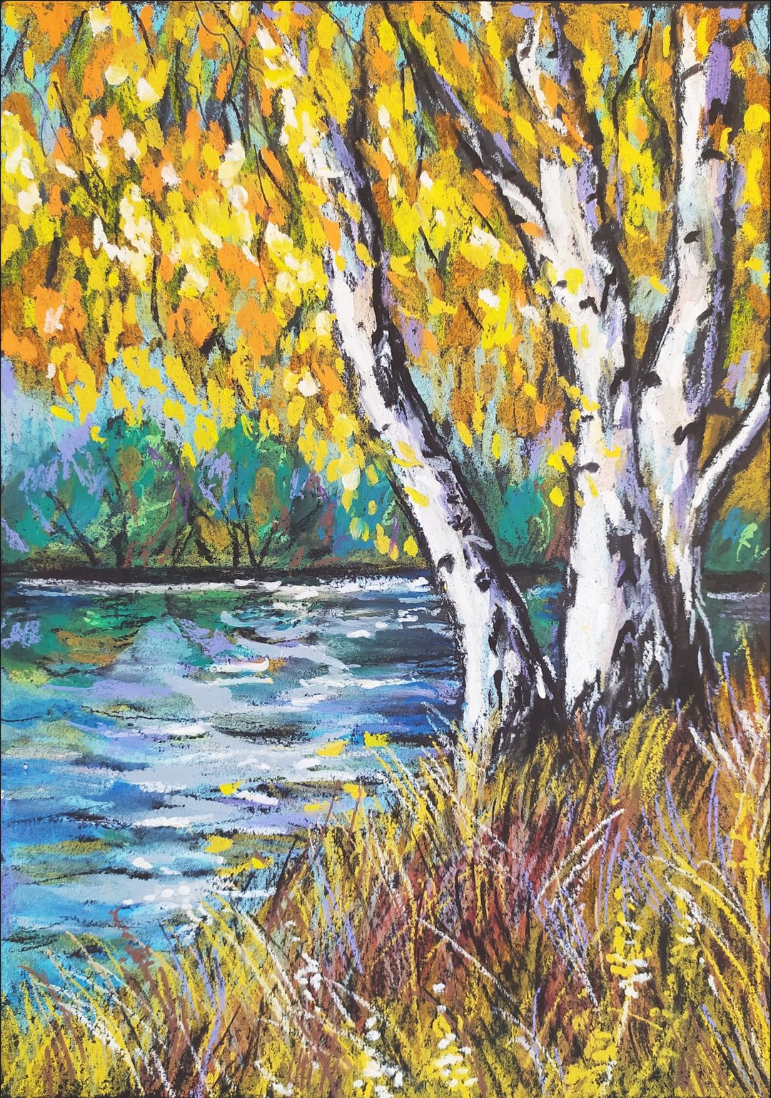 Autumn landscape painting oil pastel art birches by the river impressionism art - 墙贴/壁贴 - 纸 橘色