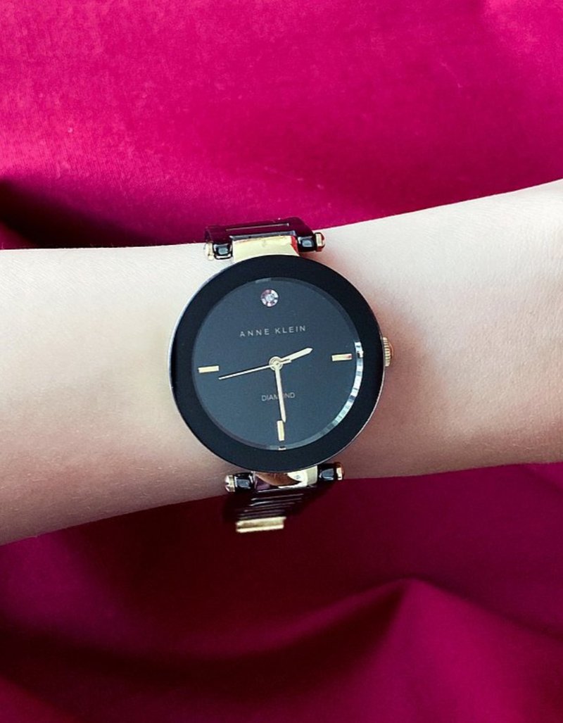 ANNE KLEIN美国品牌 12点钟钻石时标 镜面黑圈印刷 古董表 - 女表 - 其他金属 黑色