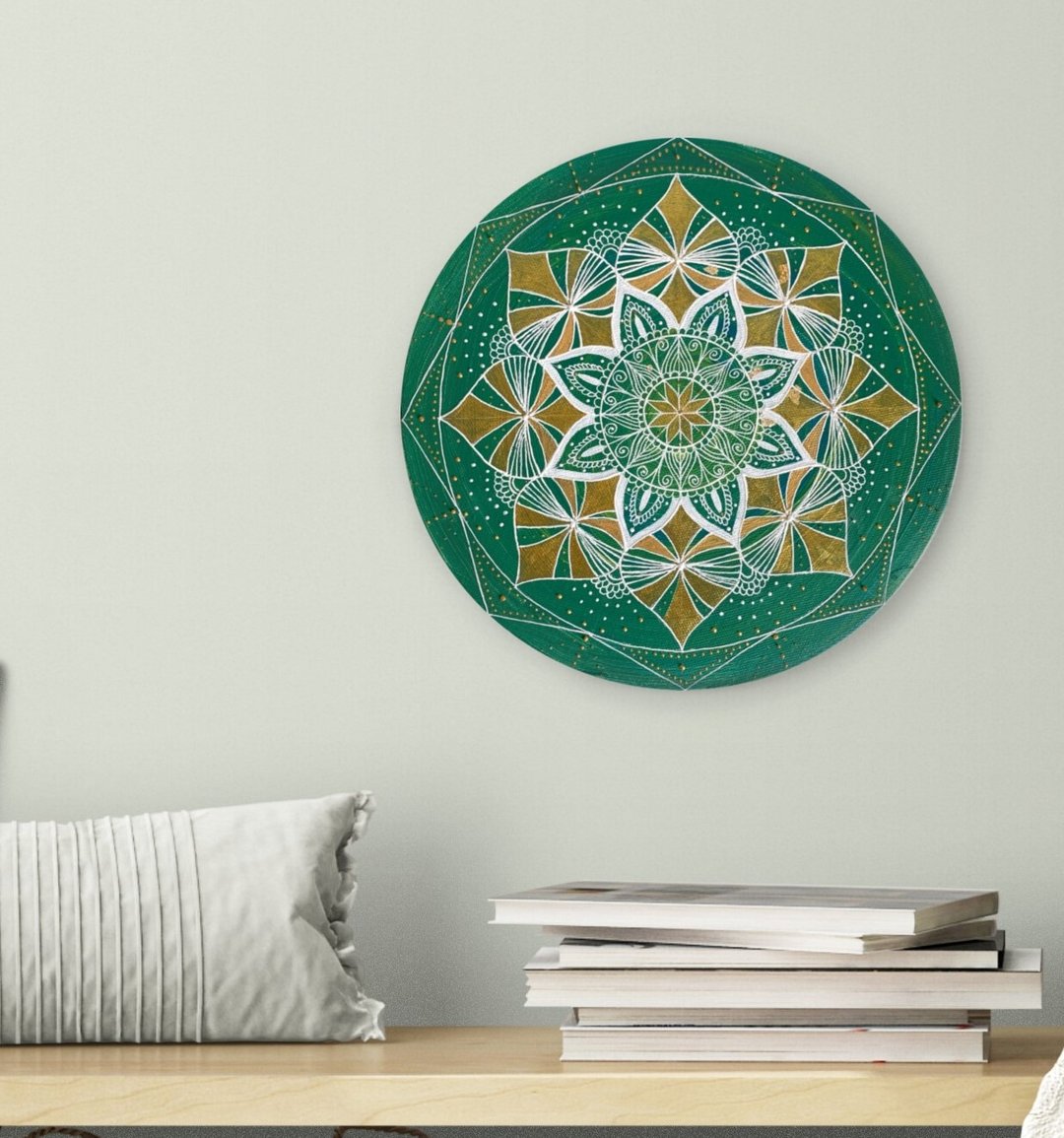 Green flower mandala round painting Meditation home decor Symmetical pattern art - 墙贴/壁贴 - 压克力 绿色