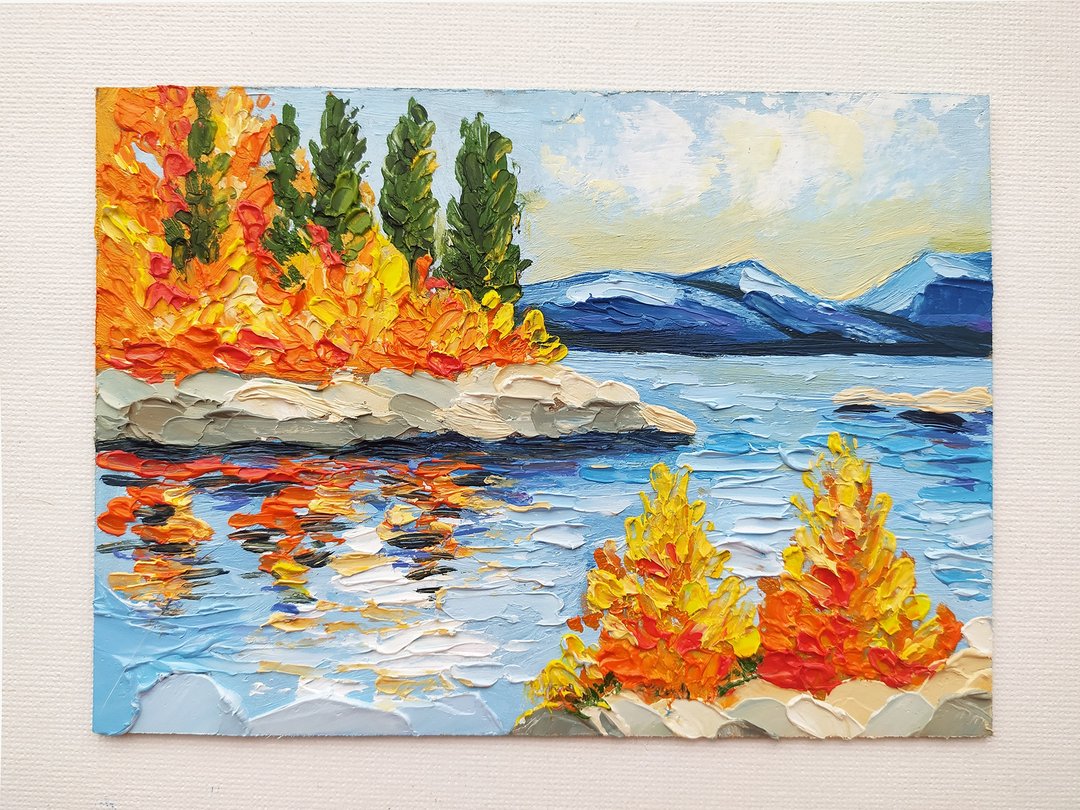 Landscape Autumn oil painting cardboard impasto original work mountain trees - 墙贴/壁贴 - 其他材质 橘色