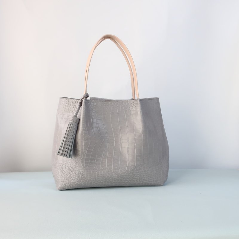 蓬松打褶托特包・L 尺寸・灰色・接单后制作 - 手提包/手提袋 - 真皮 灰色