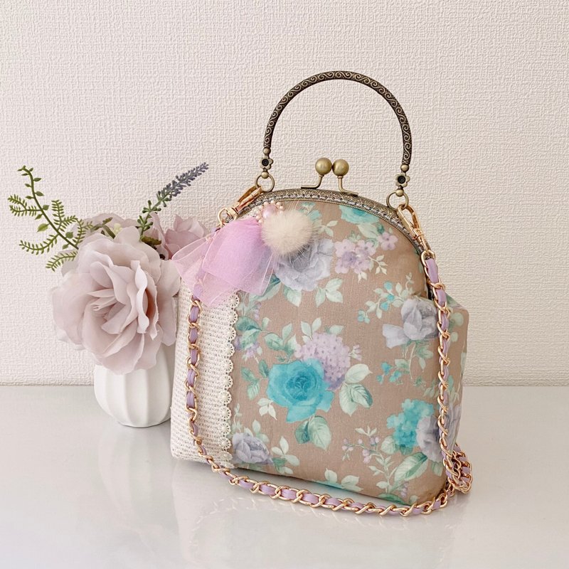 绣球花与玫瑰 口金斜背包 - 侧背包/斜挎包 - 棉．麻 咖啡色