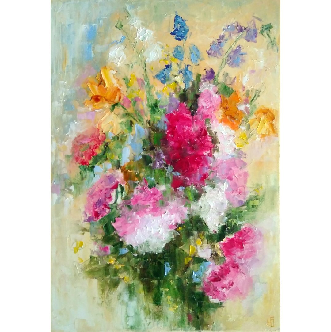Floral Bouquet Original Painting, Field Flower Artwork, Canvas Impasto Wall Art - 海报/装饰画/版画 - 其他材质 多色