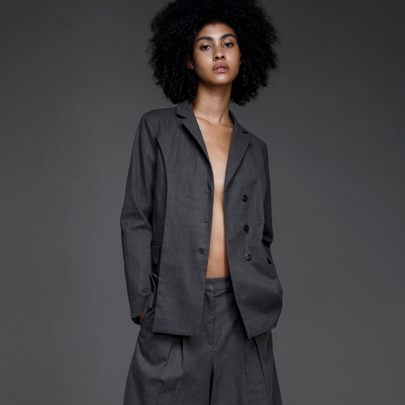 质感细格纹西装外套 - 女装西装外套/风衣 - 棉．麻 灰色