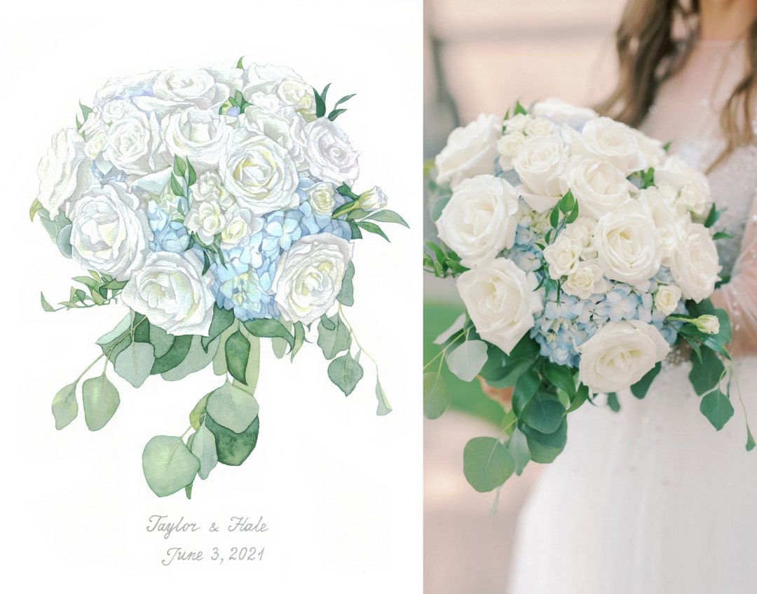 ORIGINAL Custom Wedding Bouquet Painting Watercolor Bridal flowers Anniversary - 订制画像 - 纸 