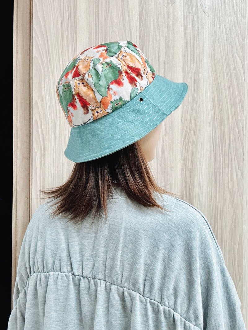 渔夫帽 大头围 遮阳帽 手工帽子 拼接 户外 猫 小牛村 - 帽子 - 棉．麻 绿色