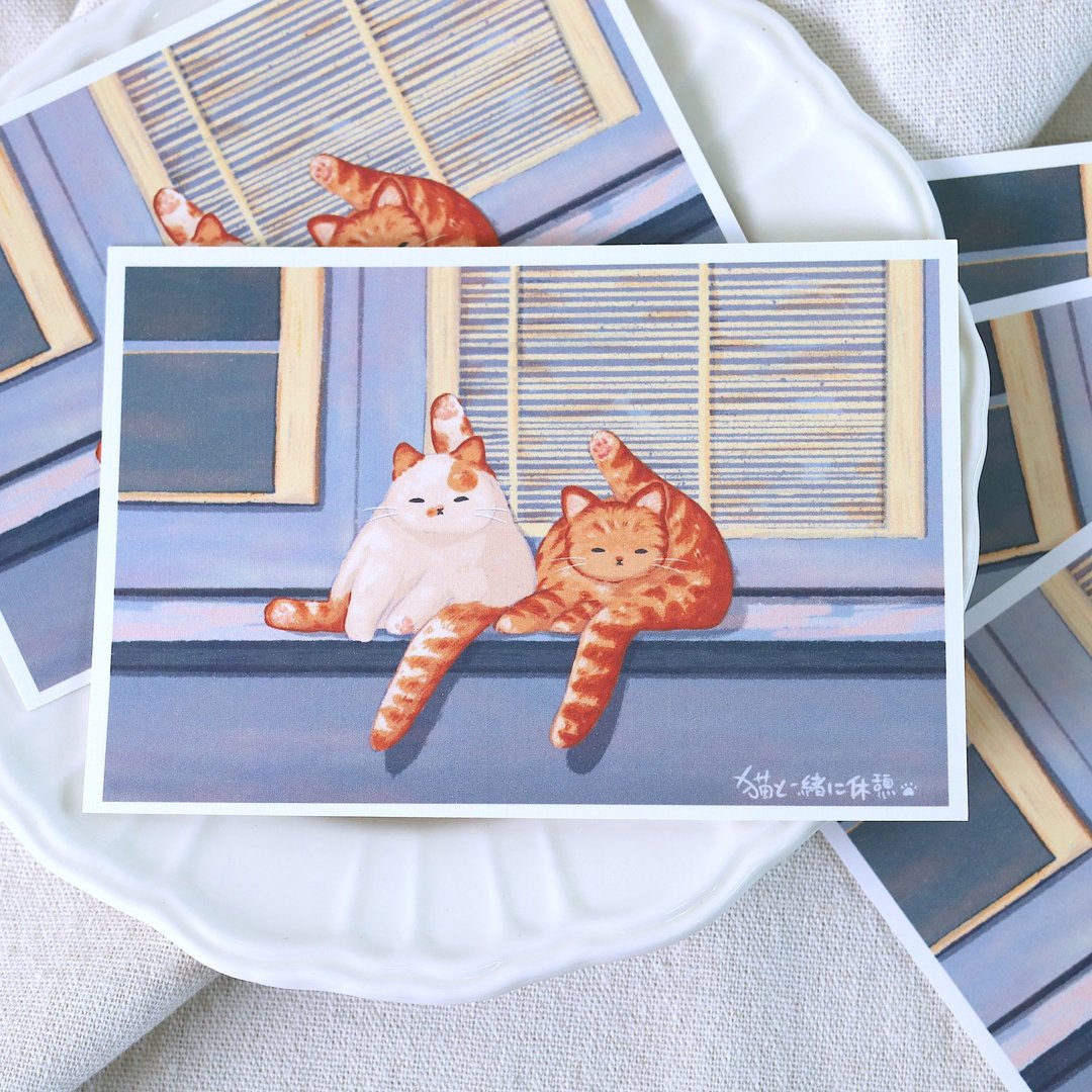 与猫一起休憩 猫咪明信片 卡片 万用卡 贺卡 猫咪插画 橘猫 可爱 - 卡片/明信片 - 纸 白色