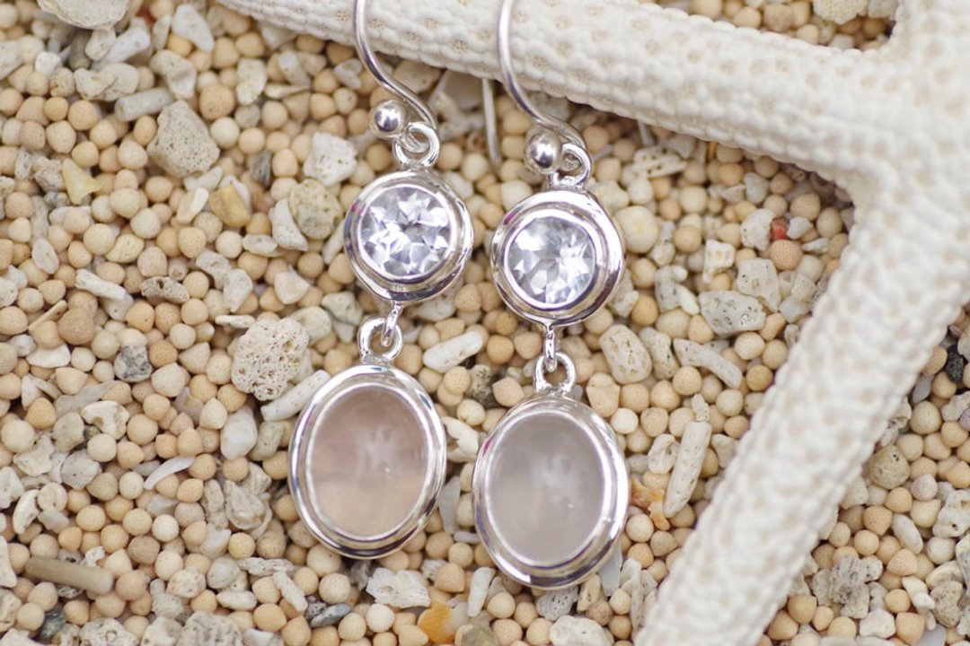 White topaz and rose quartz silver earrings - 耳环/耳夹 - 石头 粉红色