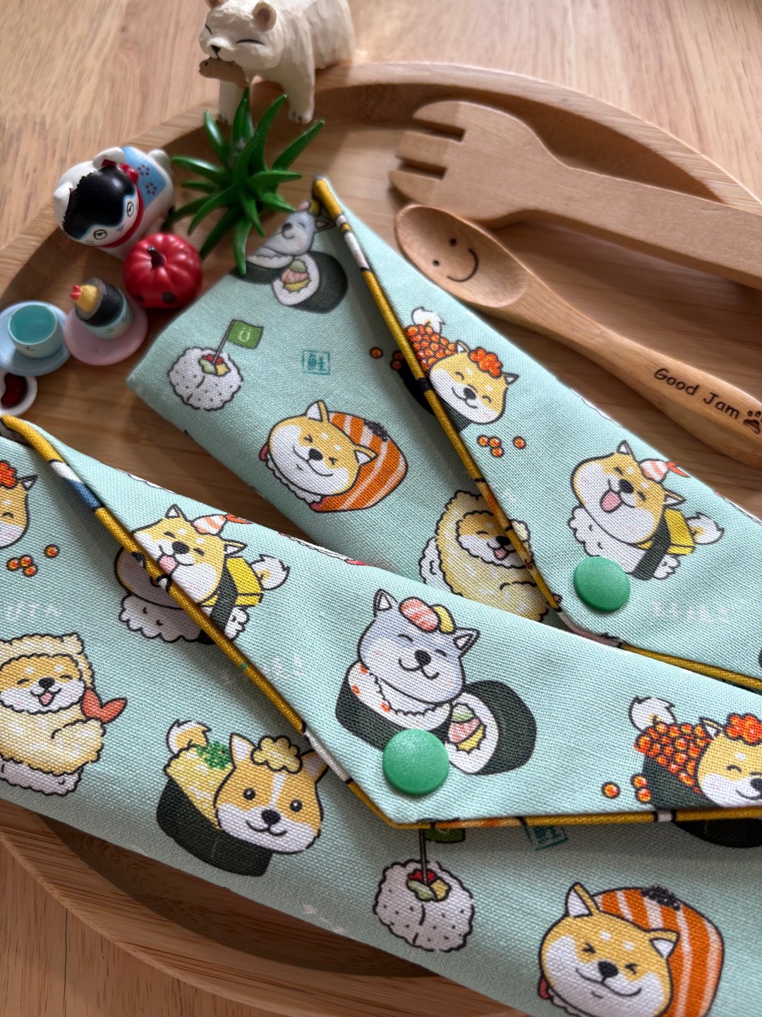 文青风环保纯棉筷袋 喔伊细寿司 猫猫狗狗  淡淡绿 吃饱饱 喜悦 - 收纳用品 - 棉．麻 绿色