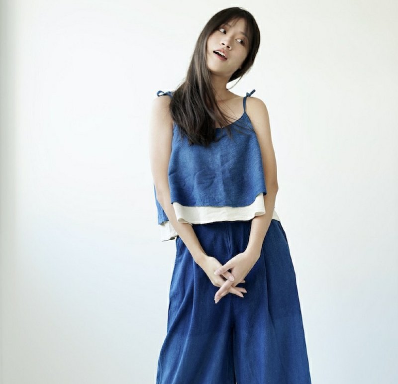 【手工蓝染】双层调节系带吊带上衣 - 女装背心 - 棉．麻 蓝色