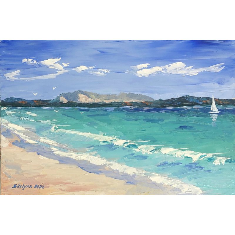 Seascape Azure Beach Yacht Original Oil Painting Handmade - 海报/装饰画/版画 - 其他材质 多色