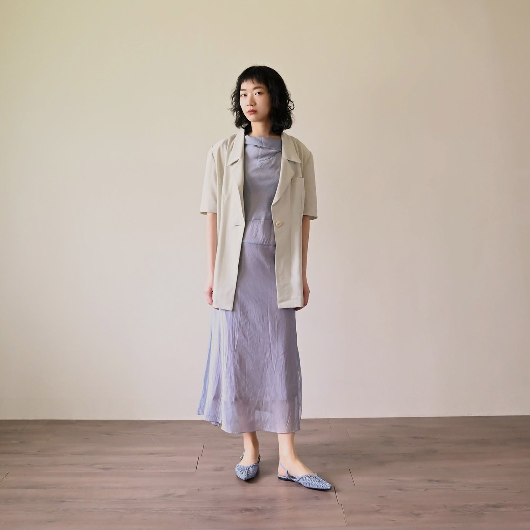 【NaSuBi Vintage】麻纱面料短袖古着西装外套 - 女装休闲/机能外套 - 其他人造纤维 