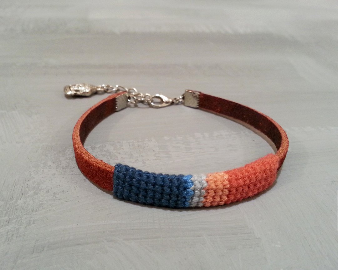 Buddha Charm Leather Crochet Mens Bracelet Orange Teal - 手链/手环 - 绣线 橘色