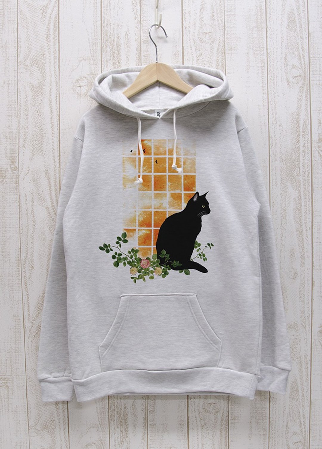 Standing Black Cat Hoodie Window SUNSET Heather White / R030-P-HWH - 中性连帽卫衣/T 恤 - 棉 白色