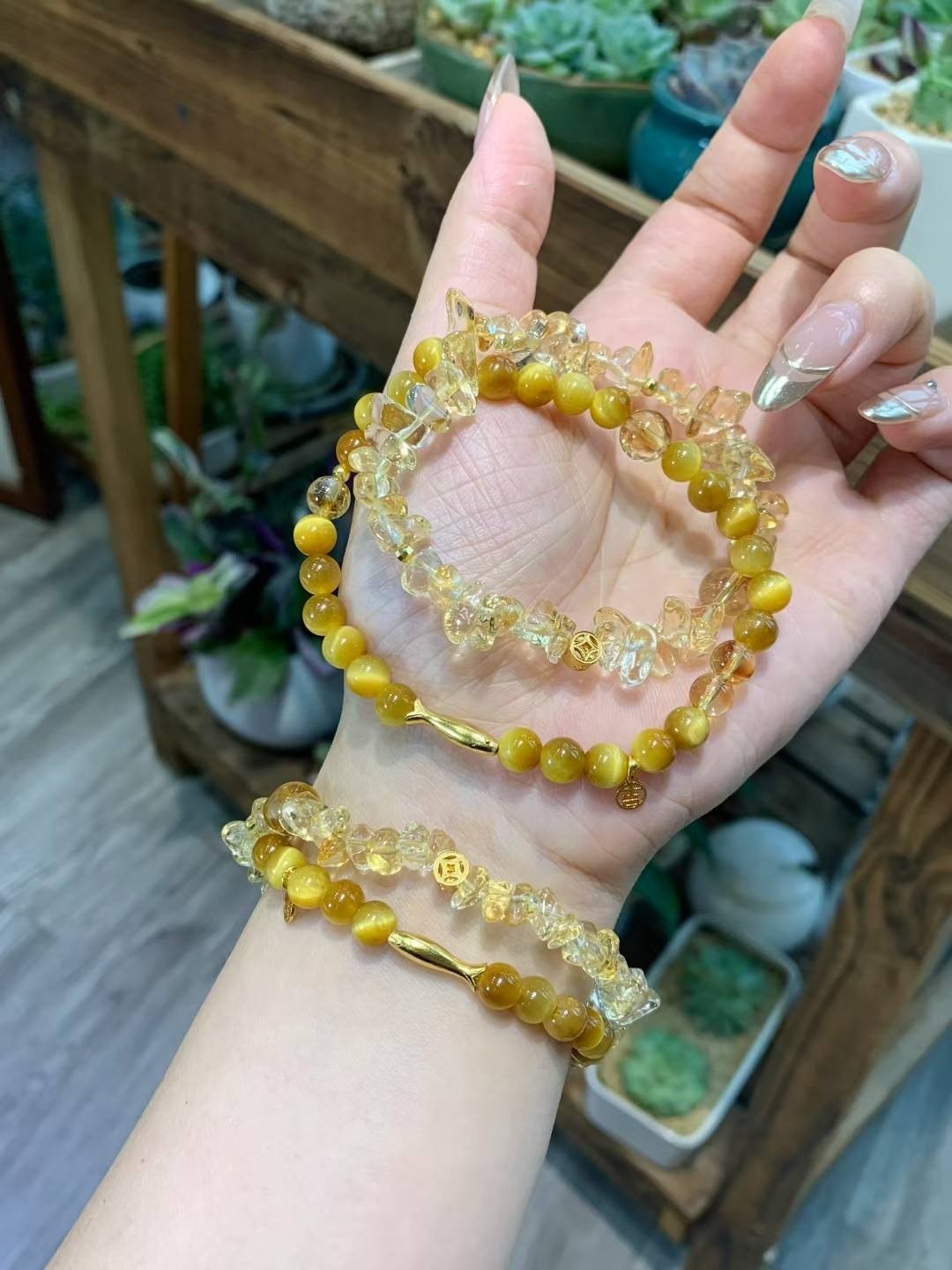碎金金小黄鱼富贵大小姐招财必备天然黄水晶黄阿塞黄虎眼双圈手链 - 手链/手环 - 玉石 