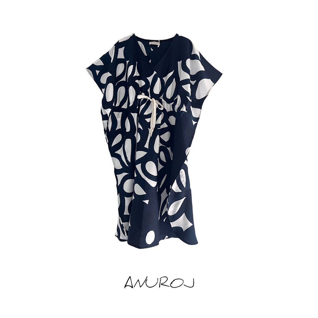 Kaftan Waist Jump Cotton Rayon Hand paint For Summer Beach V - 洋装/连衣裙 - 棉 蓝色