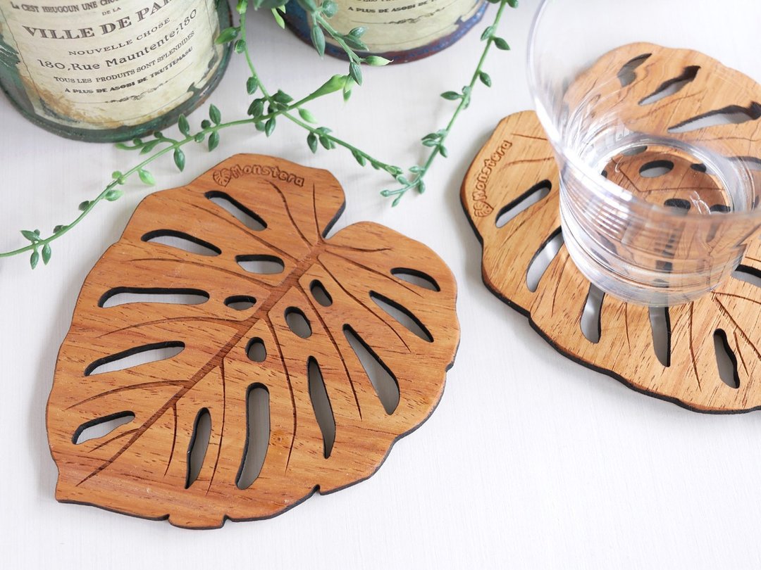 Wood coaster [Monstera] BIG - 杯垫 - 木头 咖啡色