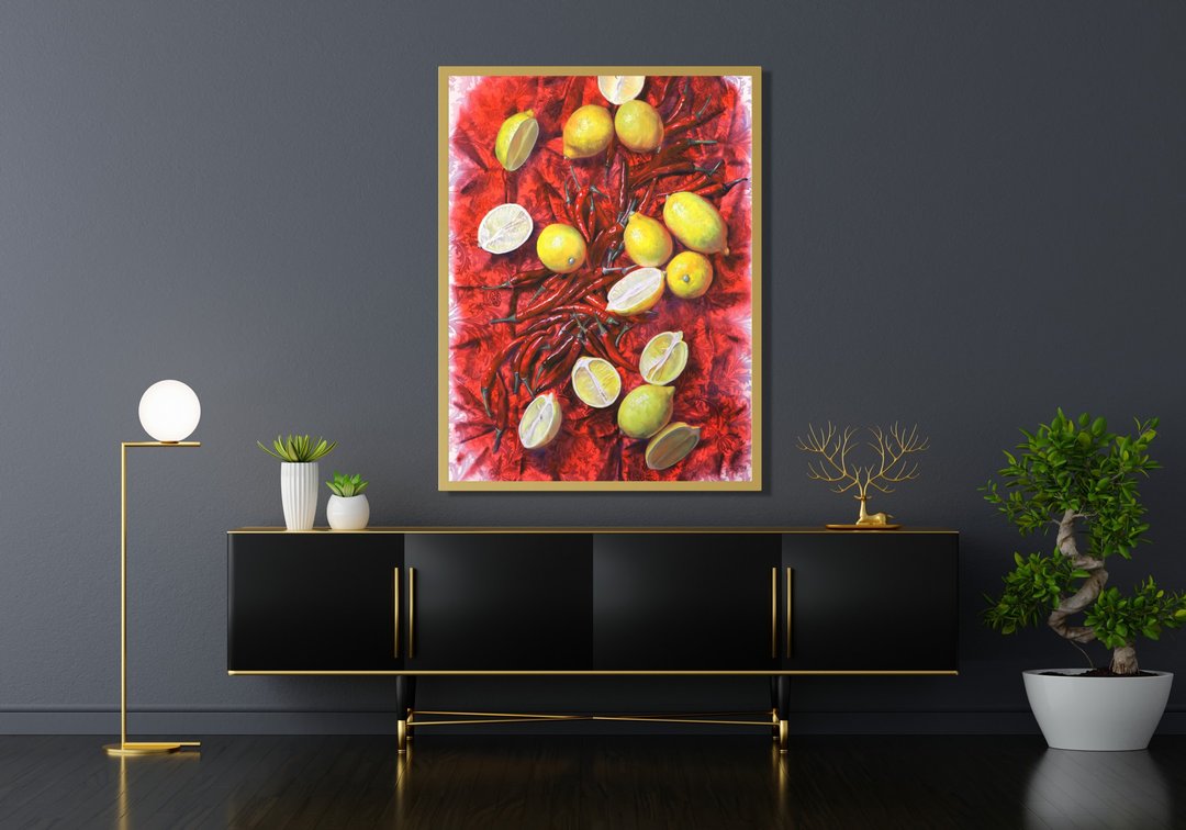 Lemon pepper original watercolor handmade painting by artist Irina Zhunaeva - 海报/装饰画/版画 - 纸 红色