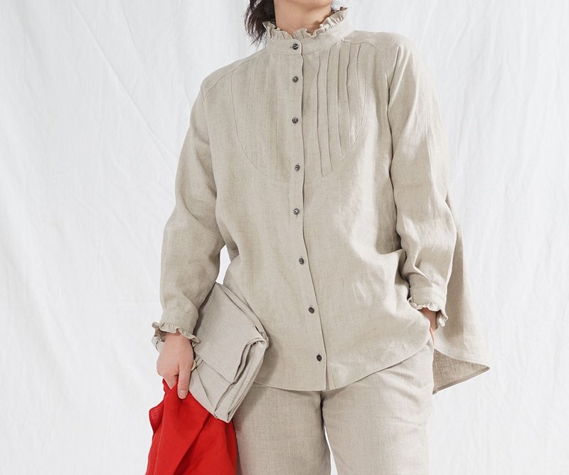 wafu - 亞麻女裝襯衫 Midweight Linen Ruffle-detailing Blouse / Flax t033a-amn2 - 女装衬衫 - 亚麻 卡其色