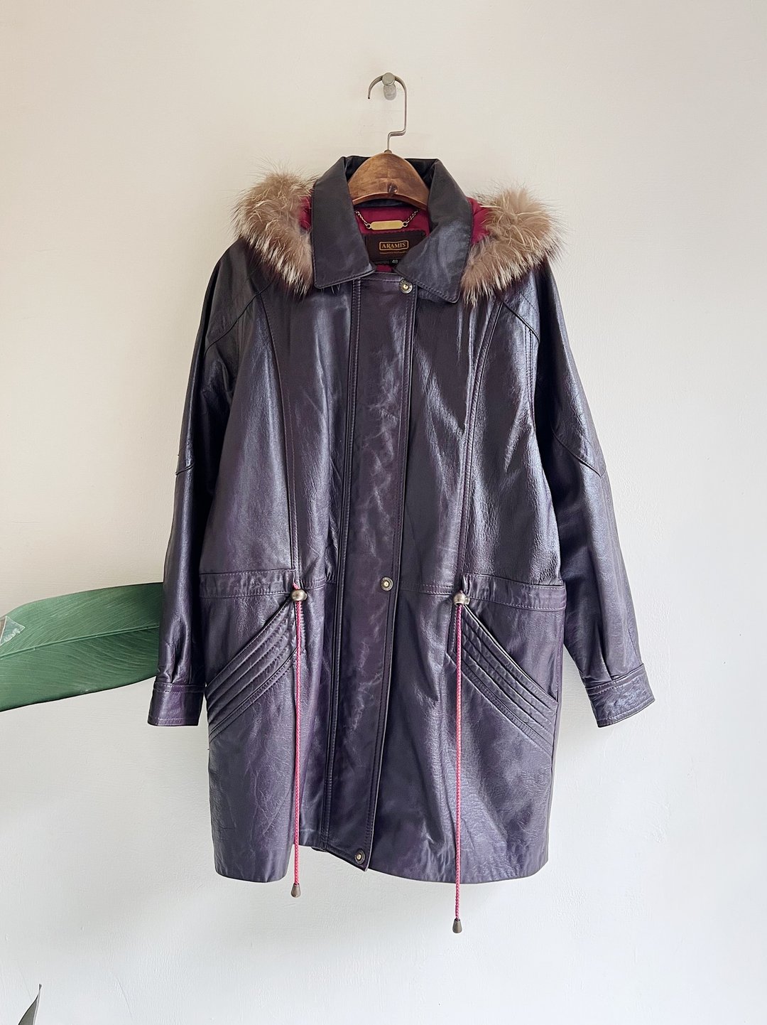 深紫真毛滚边可拆连帽 古董羊革真皮长版拉链外套 Leather jacket - 女装休闲/机能外套 - 真皮 紫色