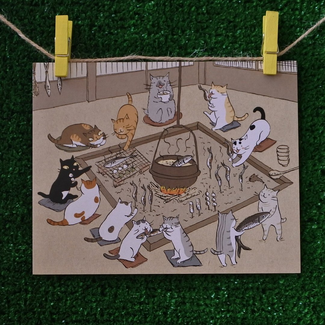三猫小铺猫咪插画明信片(画家:猫小姐) –碳烤围炉 - 卡片/明信片 - 纸 