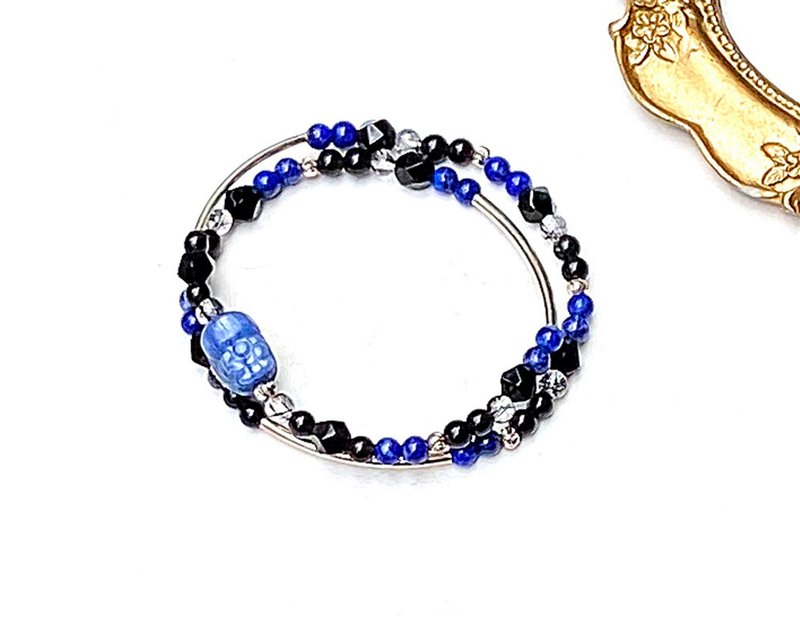 黑曜石x钻石切面黑曜石x黑发晶x青金石x蓝晶石貔貅纯银双层手链 - 手链/手环 - 水晶 多色