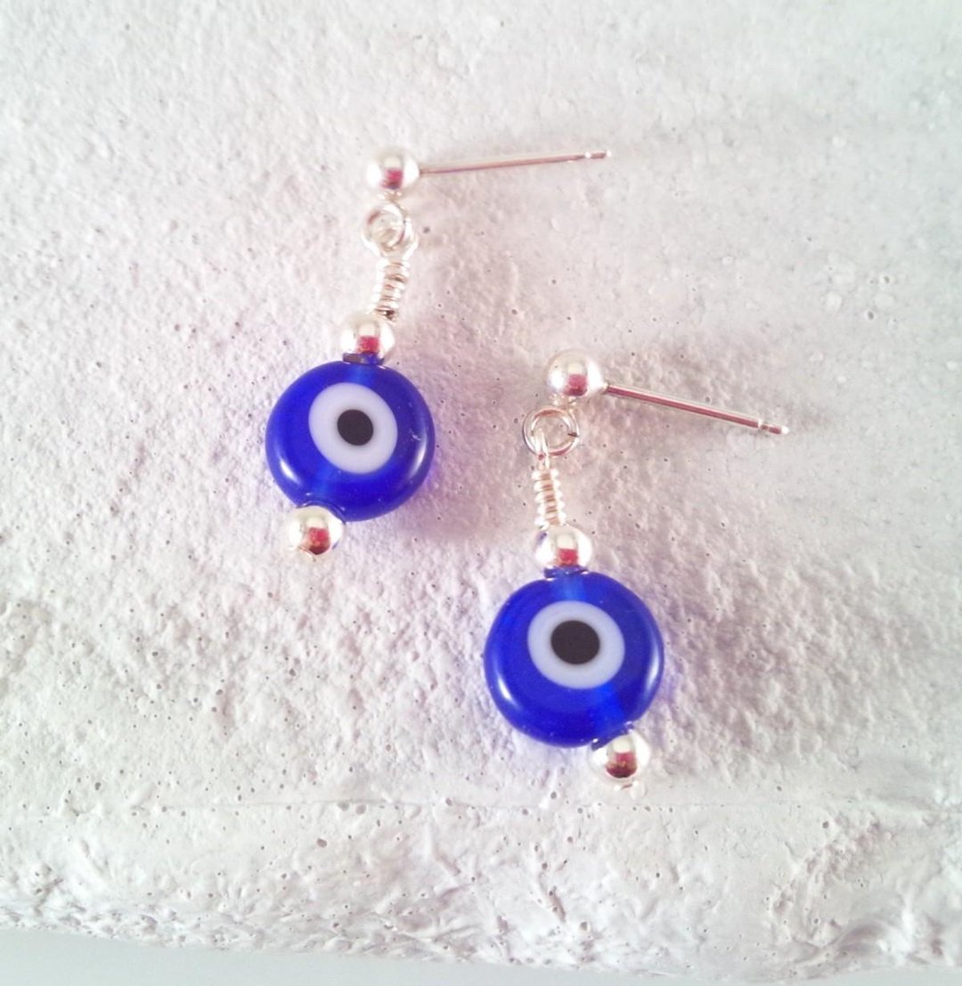 EVIL EYE Evil eye protection Turkish glass SV earrings 2-1 - 耳环/耳夹 - 玻璃 蓝色