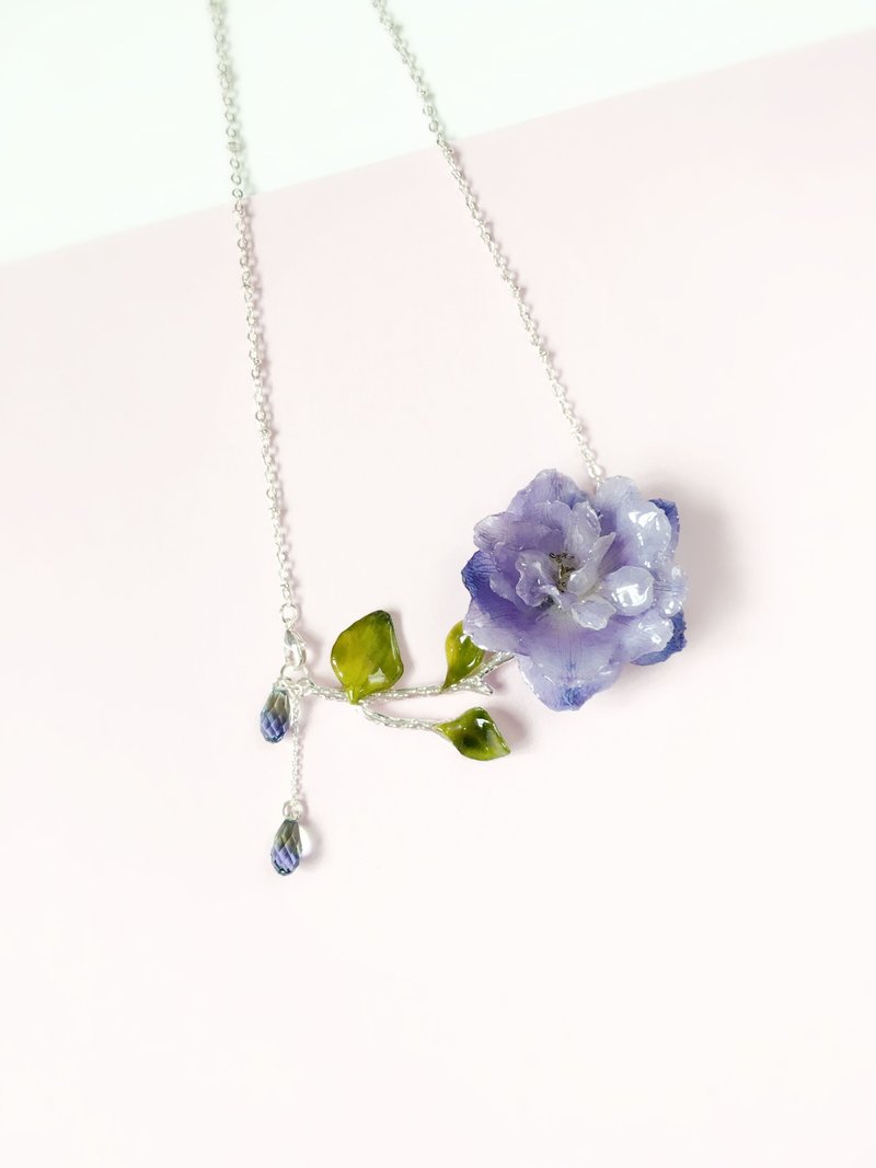 一枝玫 - 紫色飞燕草绿叶水晶打横打直两用真花颈链 (立体真花系列) - 颈链 - 植物．花 紫色