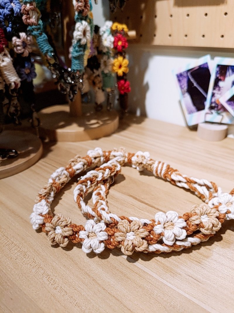 可调/全花固定长度双色花花手机挂绳背带-焦糖+天然白+浅奶茶 - 挂绳/吊绳 - 棉 咖啡色