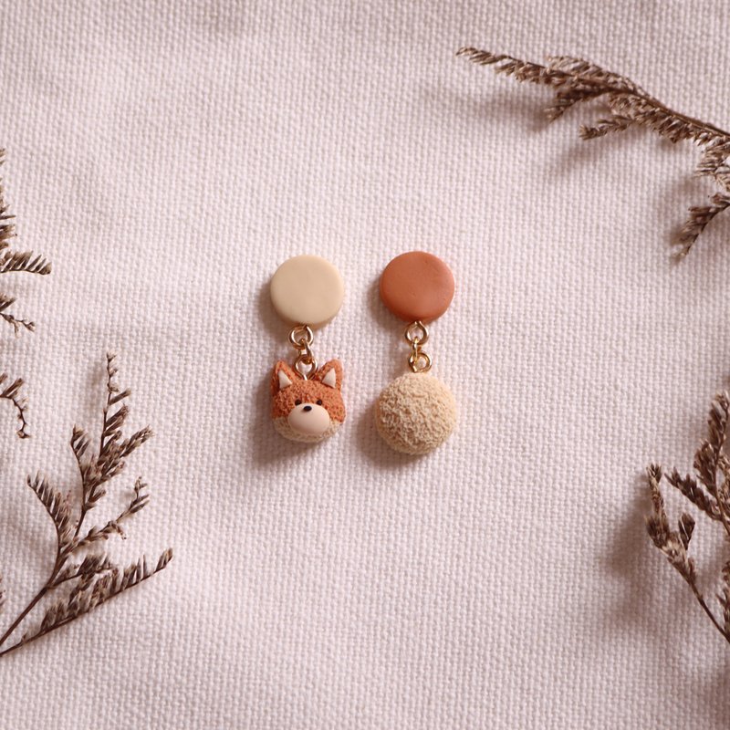 【小动物】狐狸 狐狸软陶耳环/耳夹 - 耳环/耳夹 - 粘土 卡其色