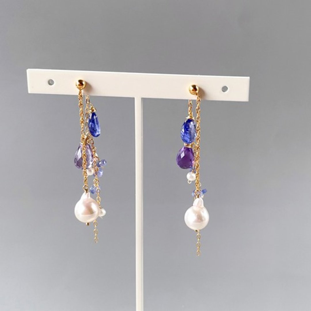 14kgf/Akoya Genuine Pearl Baroque x Aya Natural Stone Earrings - 耳环/耳夹 - 宝石 