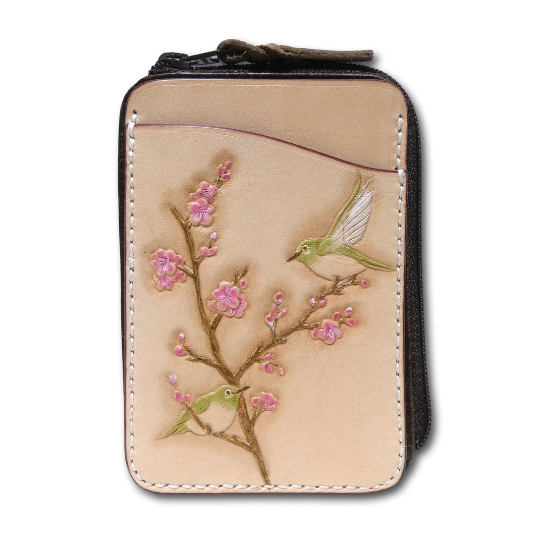 marie / Marie Genuine leather leather pass case and card case / Japanese white-eye and plum tree / Regular case / Hand dyed / Carving - 证件套/卡套 - 真皮 白色