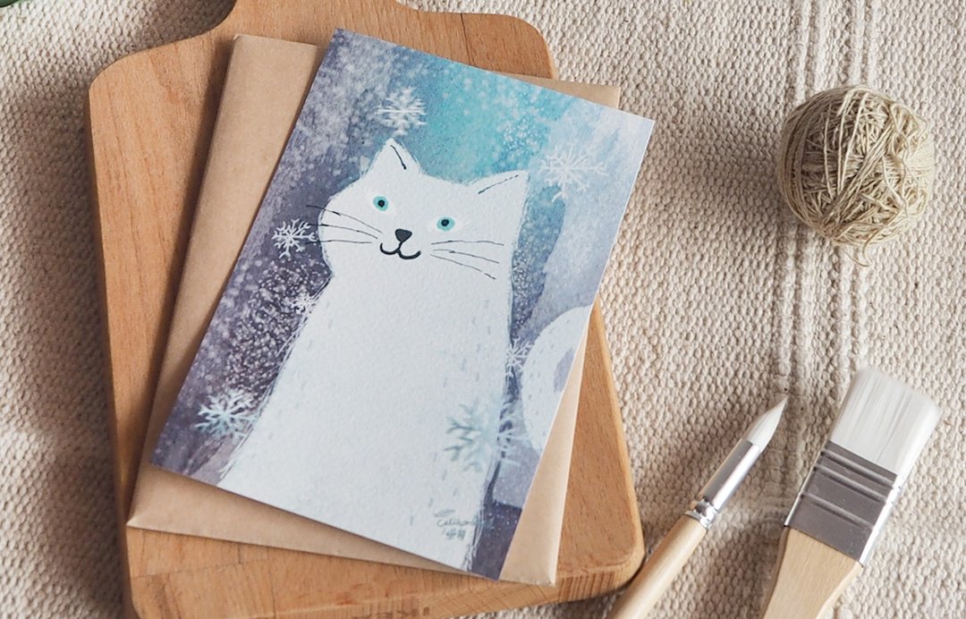 猫咪雪景明信片 - 卡片/明信片 - 纸 蓝色