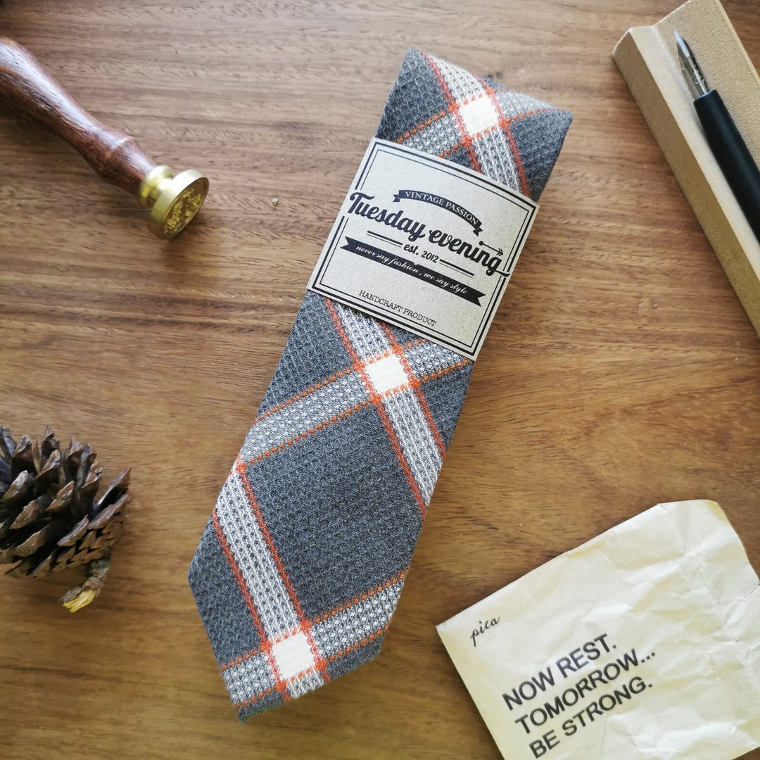 Necktie Grey Orange Plaid Waffle - 领带/领带夹 - 棉．麻 灰色