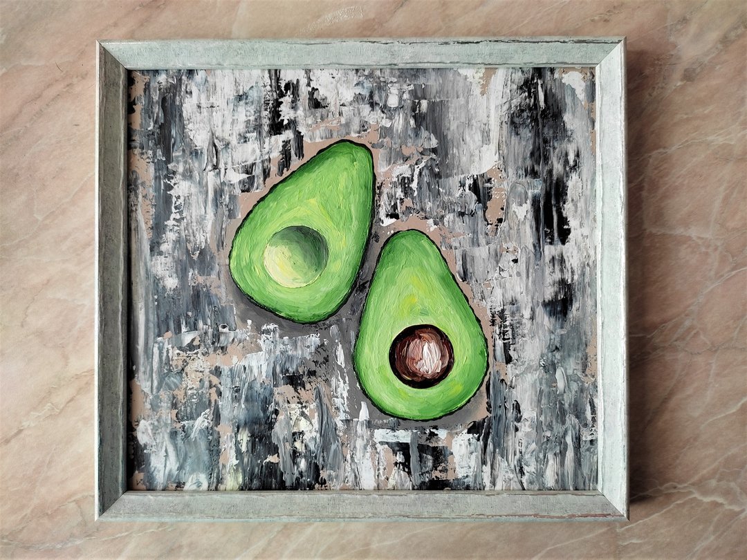 Avocado painting, Artwork food still life, Green avocado kitchen wall art decor - 墙贴/壁贴 - 压克力 多色