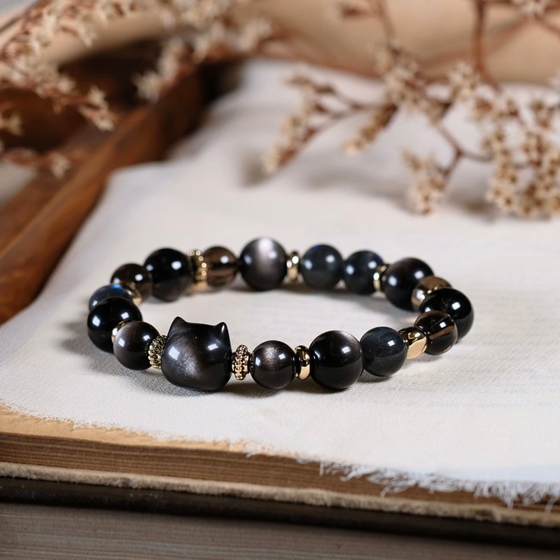 双眼银曜石 金运石 茶晶 黑拉长石 猫头 手链 天然矿石水晶 - 手链/手环 - 宝石 黑色