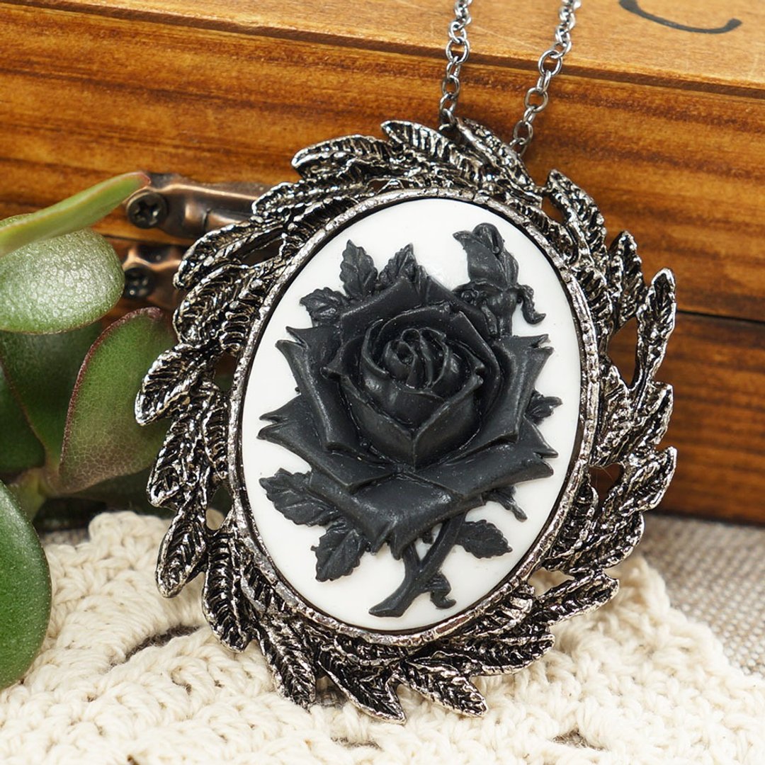 Black Rose Flower Cameo Pin Brooch and Pendant Necklace 2 in 1 Woman Jewelry - 胸针 - 其他材质 黑色