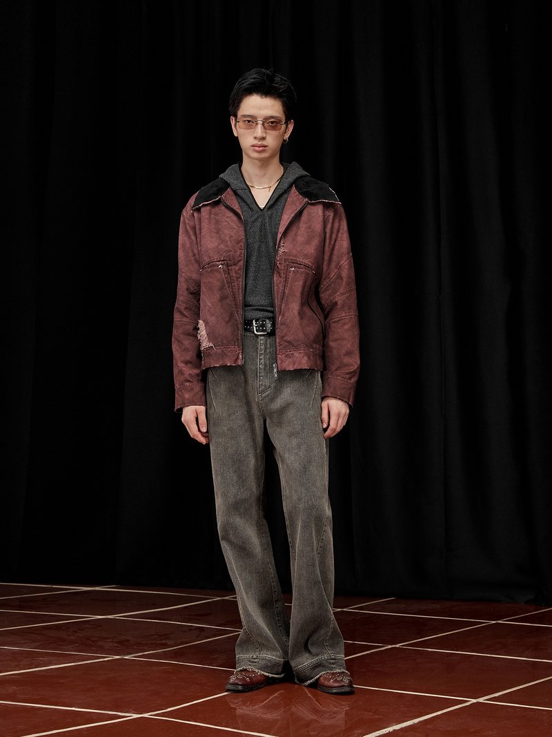 【土匪】重工定织结构/破坏密纹/炒色水洗做旧/机车夹克 - 男装外套 - 聚酯纤维 红色