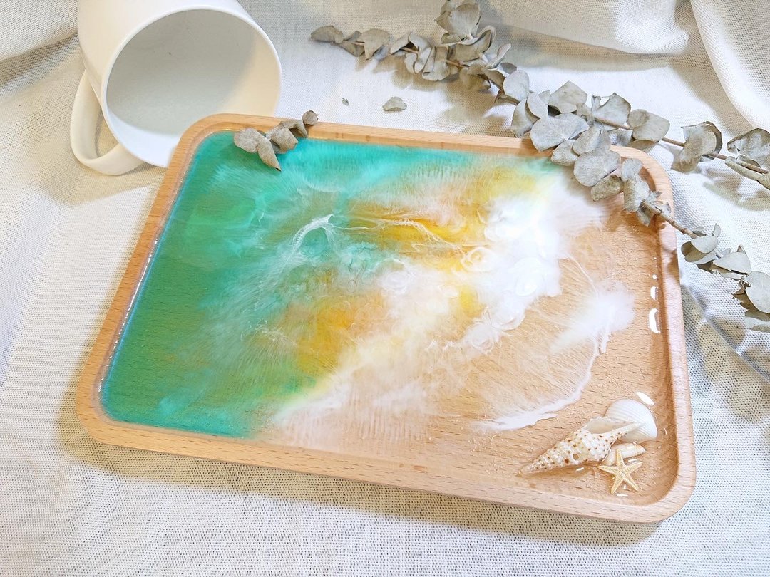 黄昏海:海浪实木托盘/环氧树脂托盘 - 摆饰 - 树脂 绿色