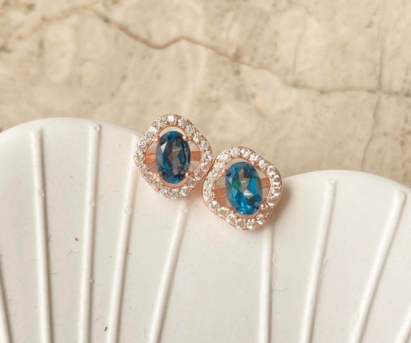 天然托帕石耳环玫瑰金925纯银耳环戒指裸石宝石轻珠宝半宝石 - 耳环/耳夹 - 宝石 蓝色