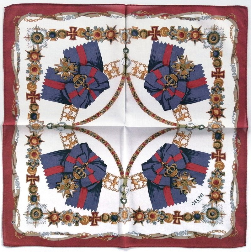 CELINE 古着头巾 - 仪式感海军蓝徽章图腾 18 x 18 英寸 - 手帕/方巾 - 棉．麻 红色