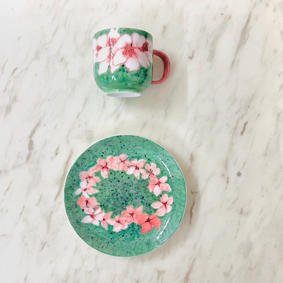 手绘陶瓷 • 樱花圈圈 • 杯盘组.下午茶点心盘.圆碟 - 盘子/餐盘/盘架 - 陶 绿色